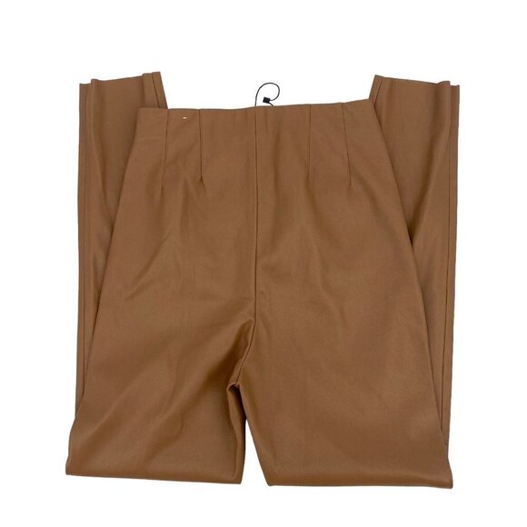 Zara Size Small High Waisted Faux Leather Leggings Camel  Vegan Side Zip NWOT - Picture 2 of 11